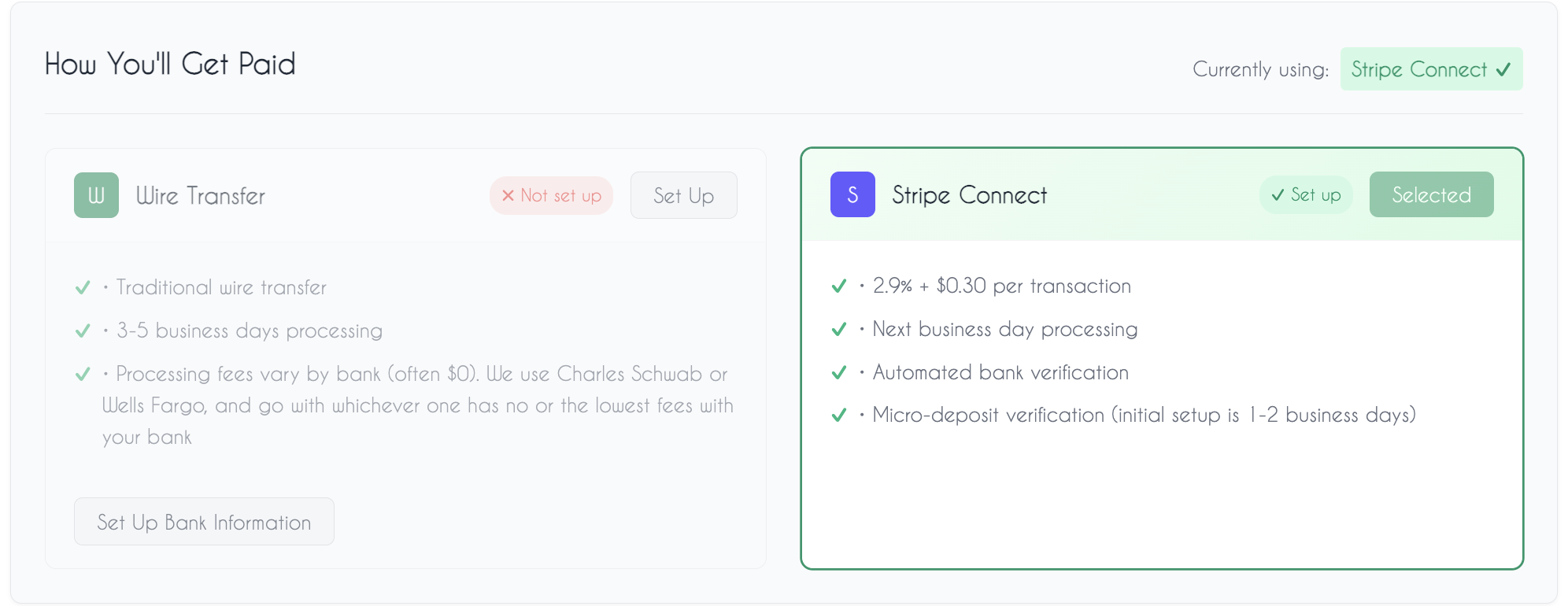 Payment methods showing Stripe and wire transfer options